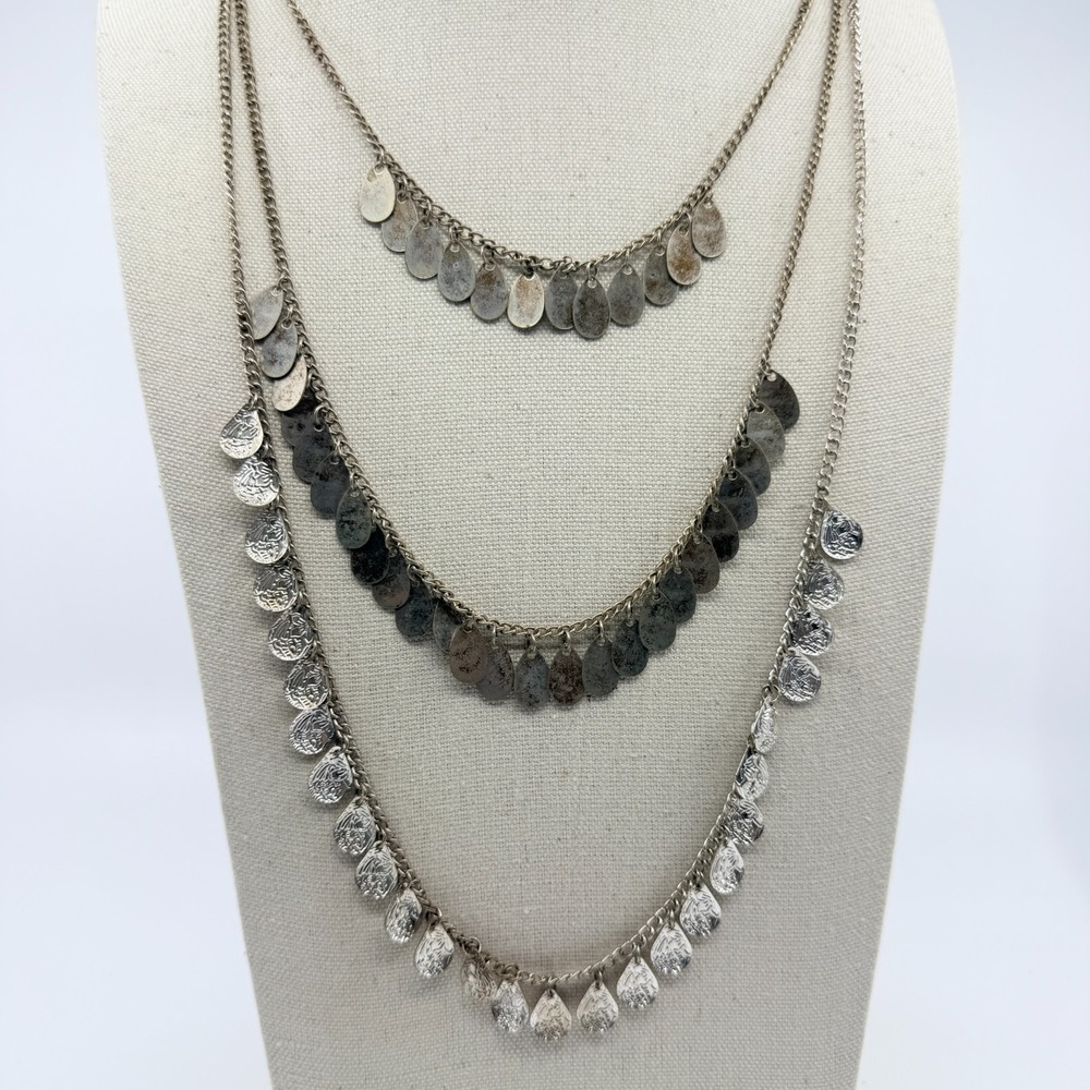 Vintage Boho Silver Tone 3 Layer Dangle Coin Teardrop Shaker Statement Necklace